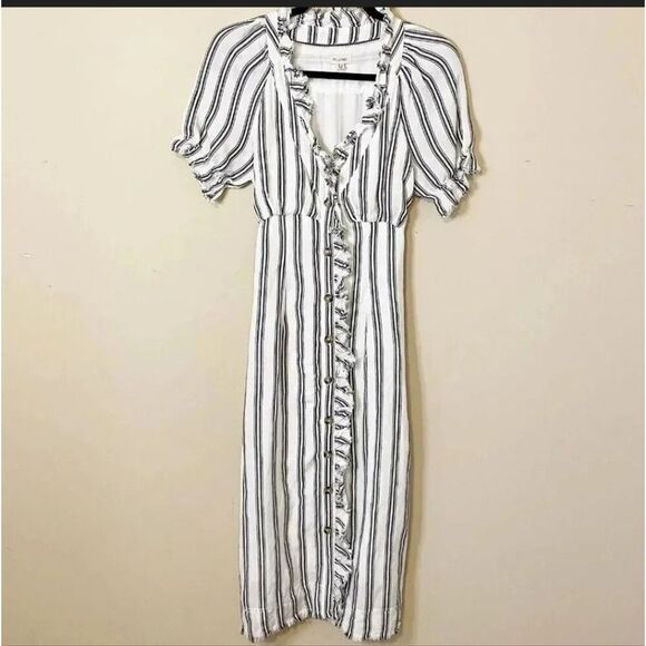 ANTHROPOLOGIE PILCRO Ruffle Gray White Linen Tie Back Midi Dress 0 XS S - Picture 2 of 5